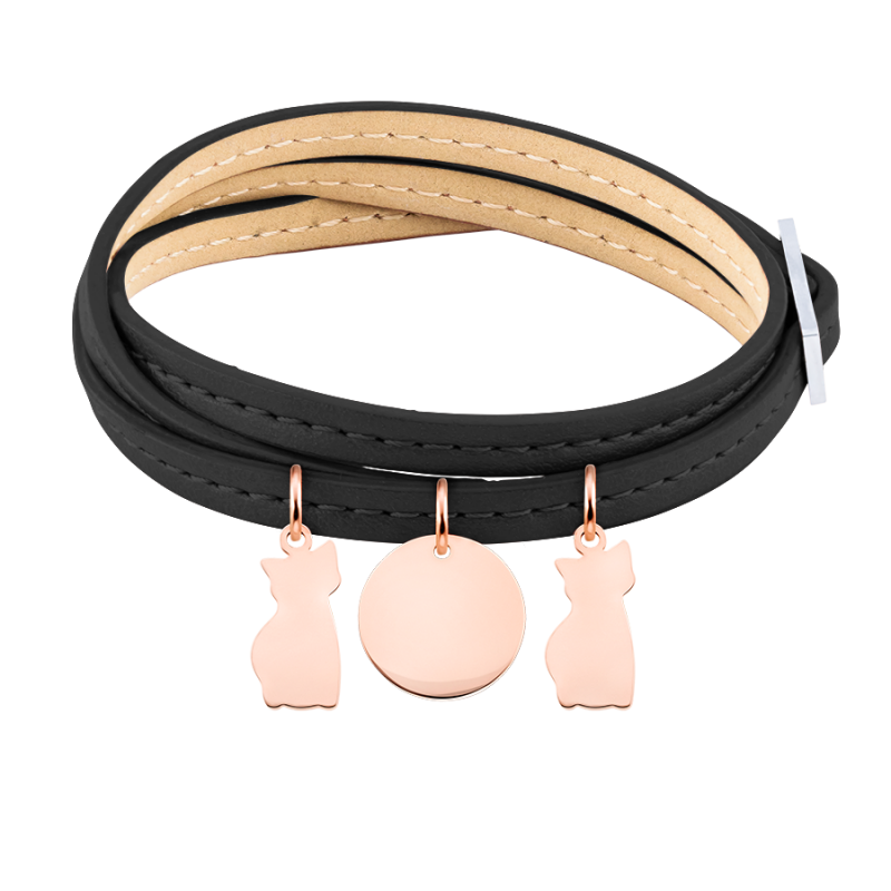 Personligt armband med flera katter i svart läder - Rosegold - 61