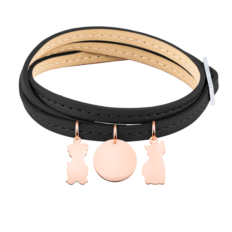 Personligt armband med flera hundar i svart läder - Rosegold - 61