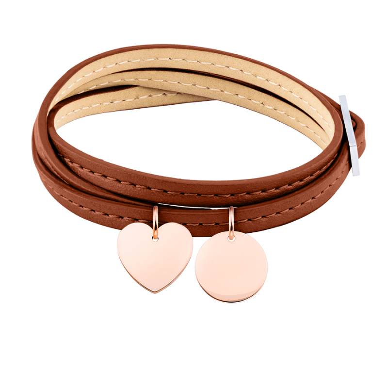 Personligt hjärt- och cirkelarmband i brunt läder - Rosegold - 61